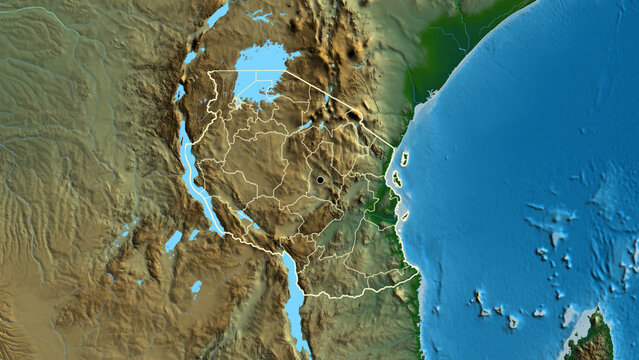 Shape of Tanzania with regional borders. Physical.