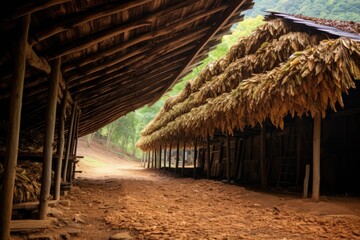 Fototapeta na wymiar tobacco leaves drying in traditional curing barn