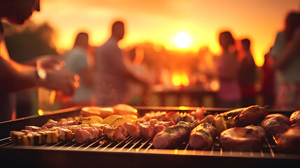 a lively barbecue party at sunset