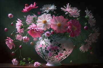 Vase of pink flowers with delicate petals. Generative AI