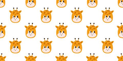 Vector seamless pattern with cute baby giraffes. Illustration for children. Smiling giraffe heads on white background. Kawaii giraffe seamless pattern. Funny african animals faces.