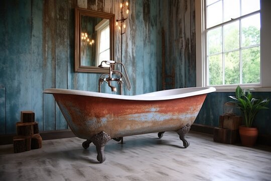 stained antique clawfoot bathtub with rustic vibe