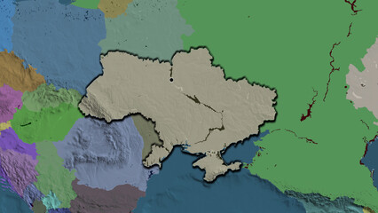 Shape of Ukraine. Bevelled. Administrative.