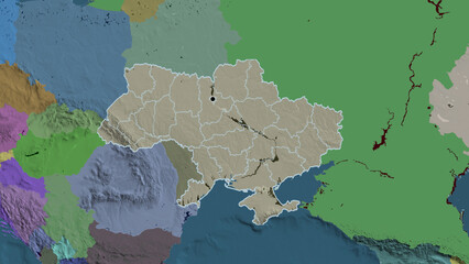 Shape of Ukraine with regional borders. Administrative.