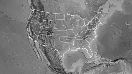 Shape of United States of America with regional borders. Grayscale.