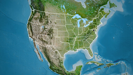 Shape of United States of America with regional borders. Satellite. © zelwanka