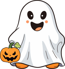 Cute cartoon Halloween ghost carrying pumpkin Jack-o'-lantern for holiday trick or treat  concept.