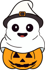 Cute cartoon Halloween ghost carrying pumpkin Jack-o'-lantern for holiday trick or treat  concept.