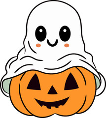 Cute cartoon Halloween ghost carrying pumpkin Jack-o'-lantern for holiday trick or treat  concept.