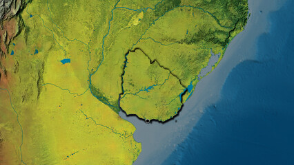 Shape of Uruguay. Bevelled. Topographic.