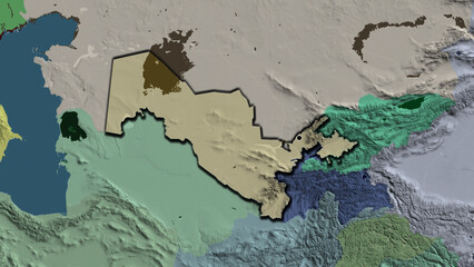 Shape of Uzbekistan. Bevelled. Administrative.