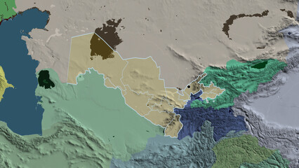 Shape of Uzbekistan with regional borders. Administrative.