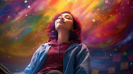 Authentic-looking creatives in a casual setting, laptop, office, vibrant color, happycore, daydreaming, pensively looking up at the ceiling