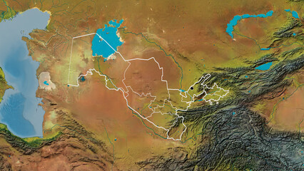 Shape of Uzbekistan with regional borders. Topographic.