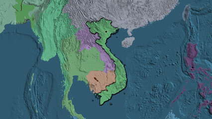 Shape of Vietnam. Bevelled. Administrative.