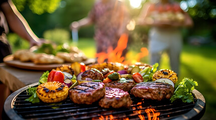 Picture a lively barbecue party in a lush green back