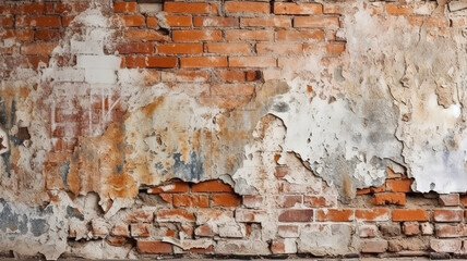 Old red brick wall surface with crumbling white plaster. Generative Ai