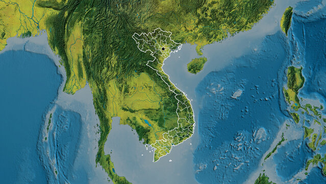 Shape of Vietnam with regional borders. Topographic.