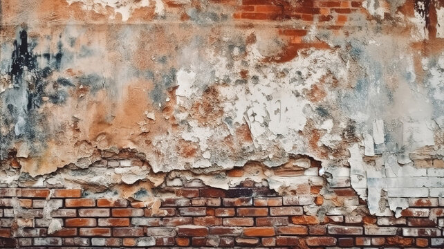 Fototapeta Old and damaged plaster on red brick wall. Generative Ai