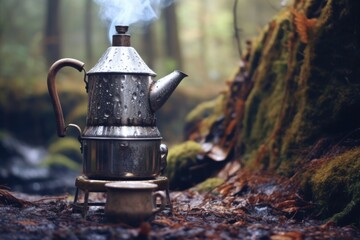 close-up of percolator on campfire with steam rising