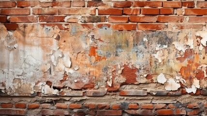 Old and damaged plaster on red brick wall. Generative Ai