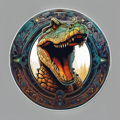Naklejka premium Digital Illustration Of A T-Rex Dinosaur Portrait, Round Sticker or Patch Form, Gray Background