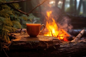 steaming cup of rooibos tea on a log beside campfire