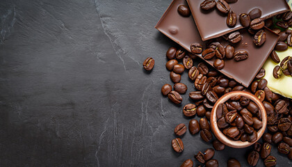 Chocolate and coffee beans on dark stone table. Top view with copy space