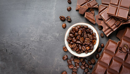 Chocolate and coffee beans on dark stone table. Top view with copy space