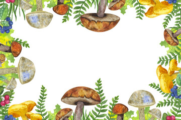 Banner botanical: edible mushrooms, leaves and berries, fern, snail, grass, cranberry, mountain ash. Hand draw watercolor illustration isolated on white background