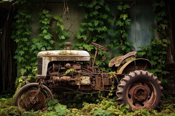 tangled vines growing around an old tractor