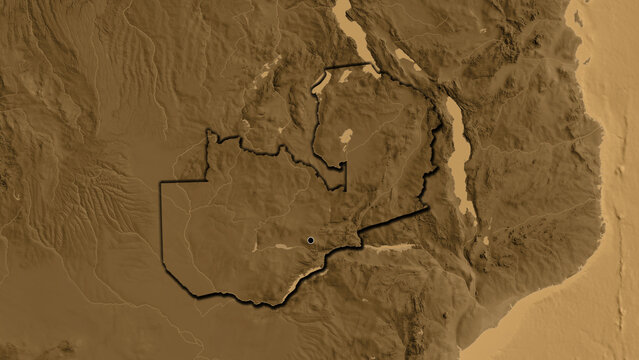 Shape of Zambia. Bevelled. Sepia elevation.