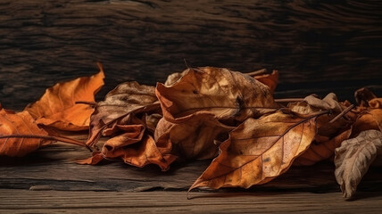 Orange brown fallen dry twisted leaves lie on an old cracked wooden surface. Generative Ai