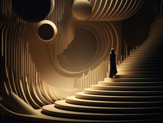 Abstract minimalistic interior black and golden staircase and silhouette of a woman in it. AI