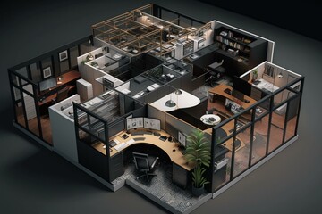 A 3D rendering of an office that allows for full 360-degree workspace utilization. Generative AI