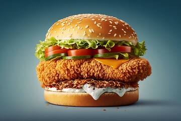 Crispy chicken burger on plain backdrop. Generative AI