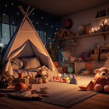 Children's bedroom in the evening with toys and tent. Generative AI.