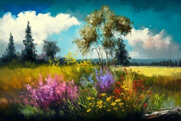 Colorful impressionistic landscape with wildflowers in meadows. Generative AI
