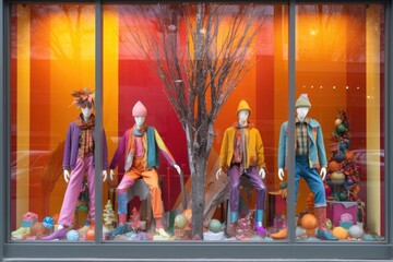 seasonal window display with colorful outfits - obrazy, fototapety, plakaty