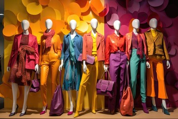 colorful mannequin display with trendy outfits