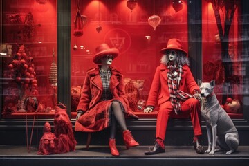 themed holiday store window with mannequins dressed in festive attire