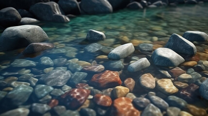 Obraz premium Rocky coast. Stones in the water. Generative Ai