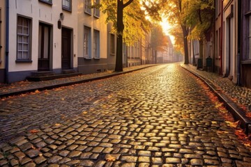 wet cobblestone street reflecting morning sunlight