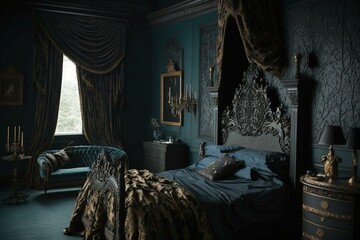A dark and dramatic bedroom with ornate features and heavy fabrics. Generative AI