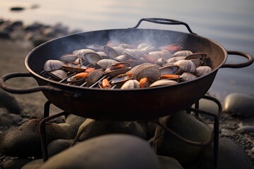 clams cooking on a beach bbq grill with smoke
