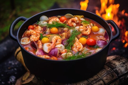 close-up of cioppino bubbling in a pot on campfire