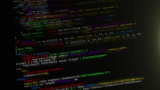 4K Programmer coding on black Computer screen engineer developing software app typing code screen. Hack protection data. Website scripts digits commands. hi-tech software development blockchain