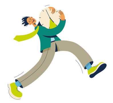 Businessman running with clock in hands. Concept of deadline and time pressure.