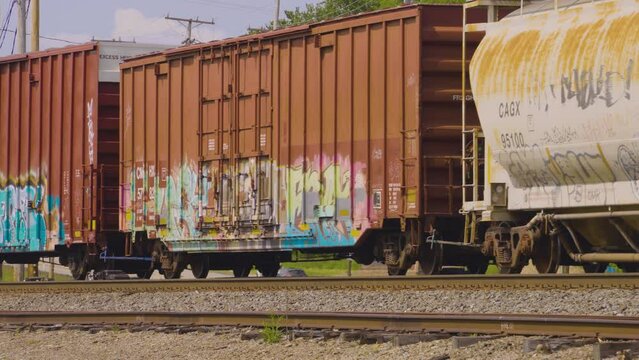 graffiti covered railroad cars rolling along the train tracks