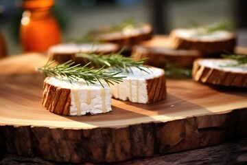 close-up of goat cheese slices on cedar plank - obrazy, fototapety, plakaty